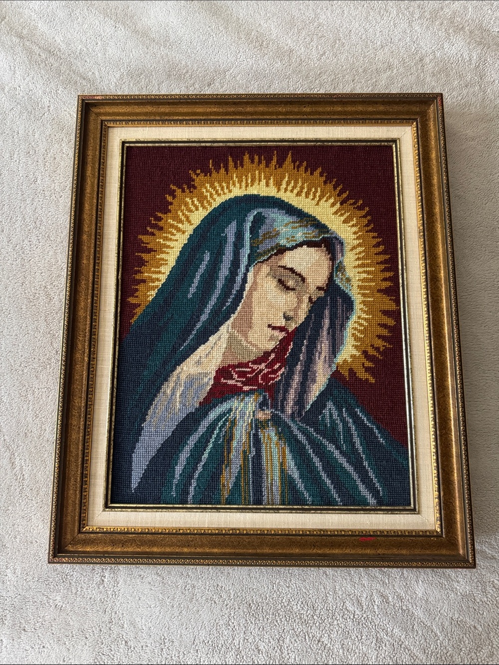 Vintage Virgin Mary Madonna Needlepoint Religious Wall Art Gold Frame 19x24